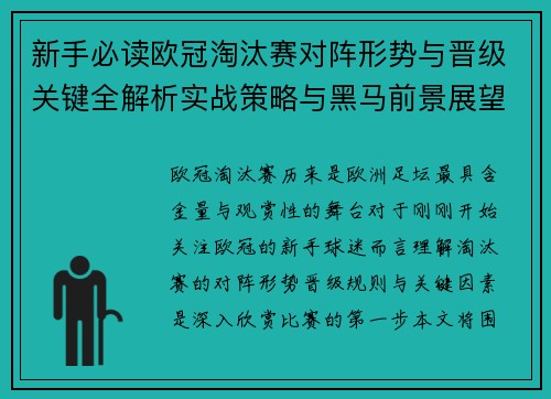 新手必读欧冠淘汰赛对阵形势与晋级关键全解析实战策略与黑马前景展望